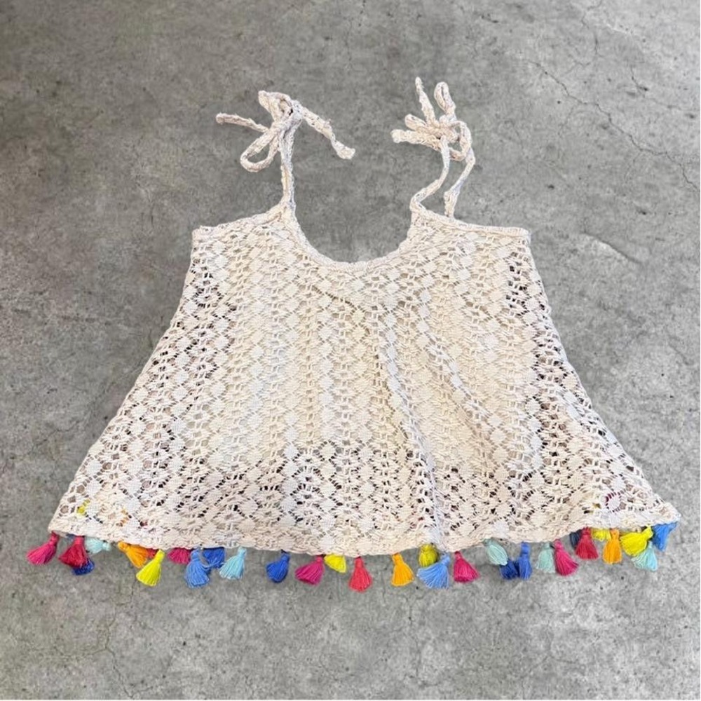 y2k cream knit rainbow tassel tie tank top small